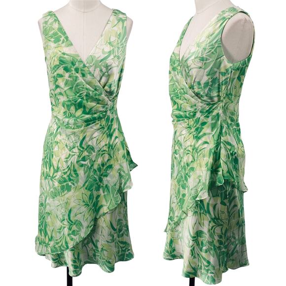 Vintage Dresses & Skirts - Vintage Y2k Silk Dress Floral Leaf Printed Faux Wrap Sleeveless Gathered Green